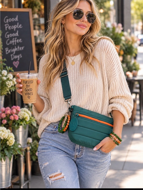 Crossbody Bag Handbags - Teal Green Quilted Crossbody Bag Orange Zipper + Beaded Charms